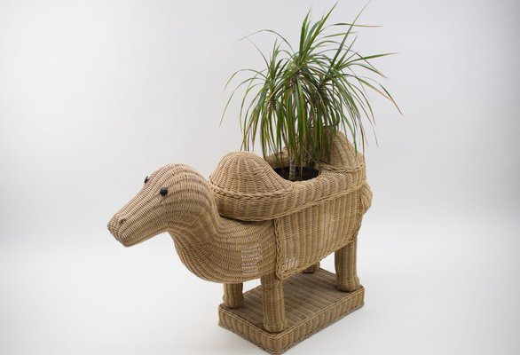 Vintage Italian Handmade Rattan Camel Planter, 1960s-KQB-1071359