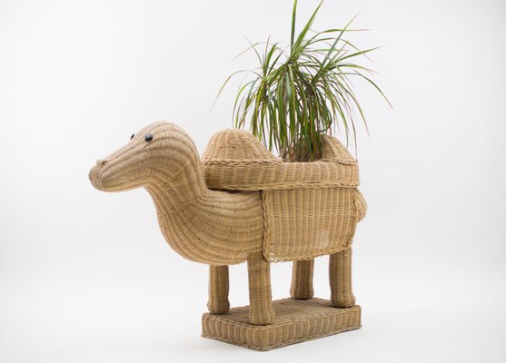 Vintage Italian Handmade Rattan Camel Planter, 1960s-KQB-1071359