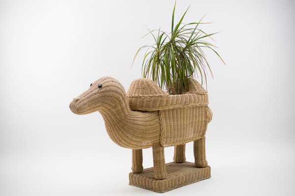 Vintage Italian Handmade Rattan Camel Planter, 1960s-KQB-1071359