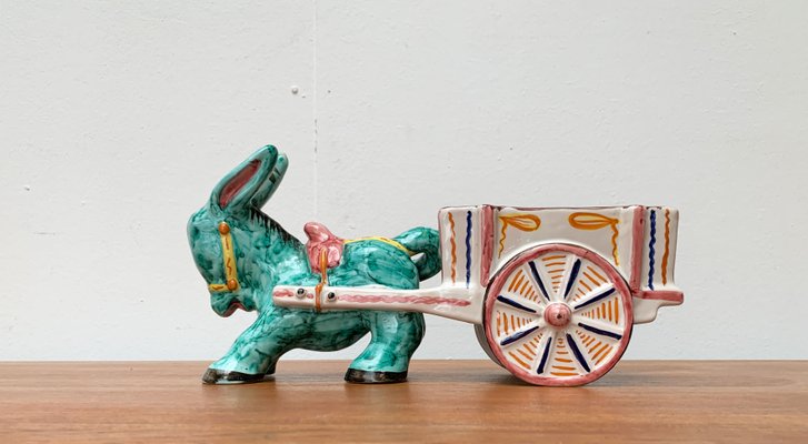 Vintage Italian Handpainted Donkey with Cart Bowl Sculpture from Deruta, Italy-UAH-1436251