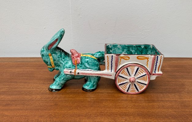 Vintage Italian Handpainted Donkey with Cart Bowl Sculpture from Deruta, Italy-UAH-1436251