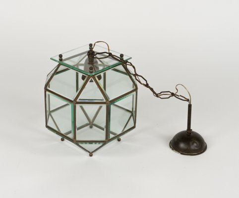 Vintage Italian Hanging Light in Brass and Beveled Glass, 1950s-LYQ-1821624