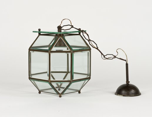 Vintage Italian Hanging Light in Brass and Beveled Glass, 1950s-LYQ-1821624