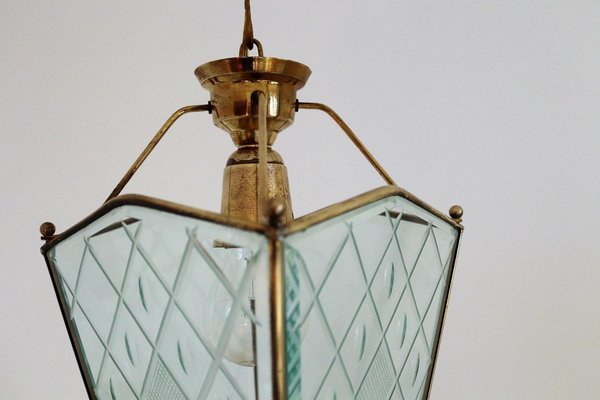 Vintage Italian Lantern in Crystal Cut Glass and Brass, 1950s-VNE-966117