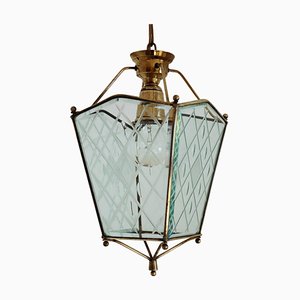 Vintage Italian Lantern in Crystal Cut Glass and Brass, 1950s-VNE-966117