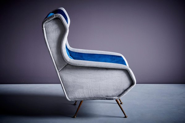 Vintage Italian Lounge Chair in Blue and Grey in the style of Gio Ponti, 1950s-SFD-1813987