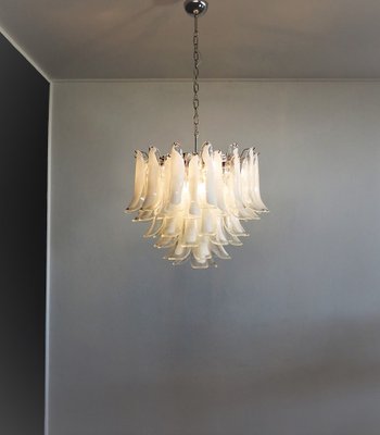 Vintage Italian Murano Chandelier with 53 Transparent Lattimo Glass Petals from Mazzega, 1982-FHZ-1719999