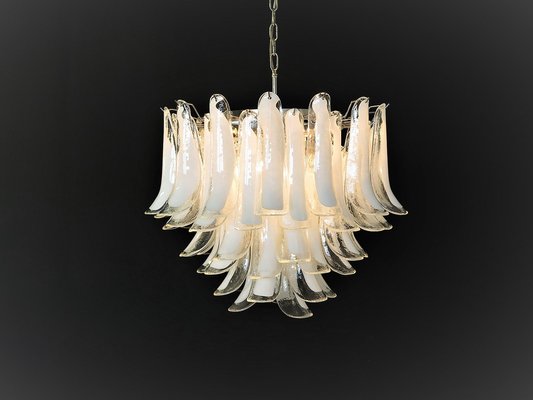 Vintage Italian Murano Chandelier with 53 Transparent Lattimo Glass Petals from Mazzega, 1982-FHZ-1719999