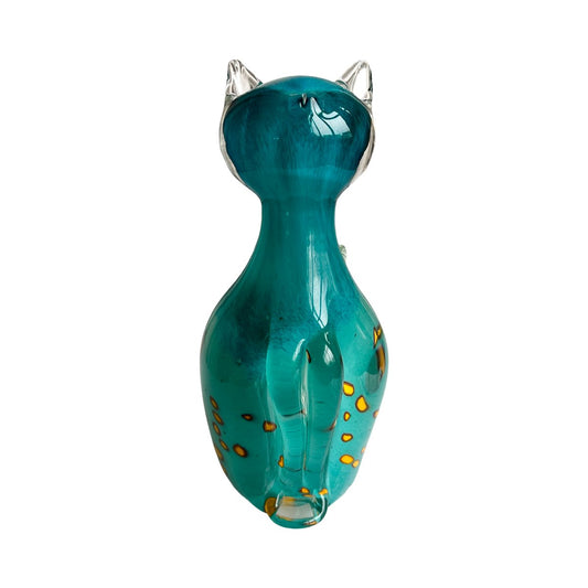 Vintage Italian Murano Glass Cat Sculpture in Turquoise with Golden Elements, 1970s