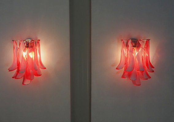 Vintage Italian Murano Wall Lights with 10 Red Lattimo Glass Petals from Mazzega, 1990s, Set of 2-FHZ-1818565