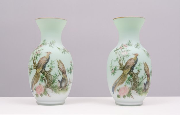 Vintage Italian Opaline Glass Hand Painted Vases, 1960, Set of 2-GCG-1813565