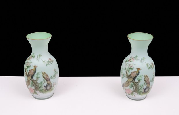 Vintage Italian Opaline Glass Hand Painted Vases, 1960, Set of 2-GCG-1813565