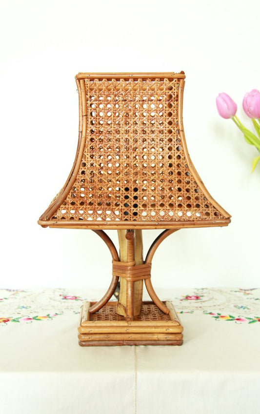 Vintage Italian Pagoda in Bamboo & Viennese Straw Table Lamp, Italy, 1960s