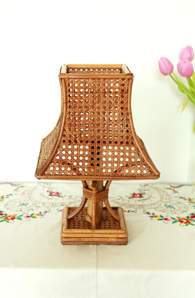 Vintage Italian Pagoda in Bamboo & Viennese Straw Table Lamp, Italy, 1960s