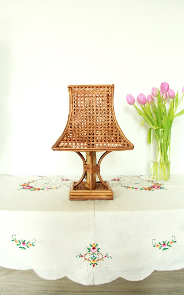 Vintage Italian Pagoda in Bamboo & Viennese Straw Table Lamp, Italy, 1960s