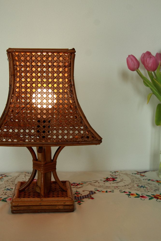 Vintage Italian Pagoda in Bamboo & Viennese Straw Table Lamp, Italy, 1960s