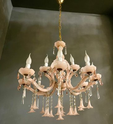 Vintage Italian Pink Opaline Murano Glass Chandelier-JJC-1150802