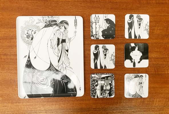 Vintage Italian Plastic Tray & Coasters with Aubrey Vincent Beardsley Designs from Mebel, Set of 7-UAH-1147176