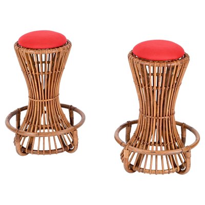 Vintage Italian Rattan and Bamboo Bar Stools by Tito Agnoli, 1950s, Set of 2-JDR-1723559