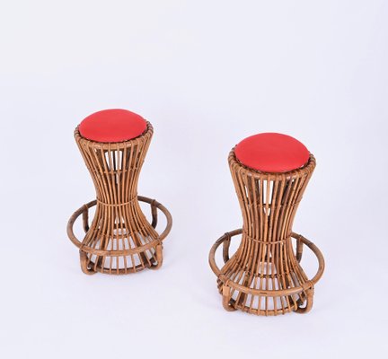 Vintage Italian Rattan and Bamboo Bar Stools by Tito Agnoli, 1950s, Set of 2-JDR-1723559