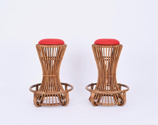 Vintage Italian Rattan and Bamboo Bar Stools by Tito Agnoli, 1950s, Set of 2-JDR-1723559