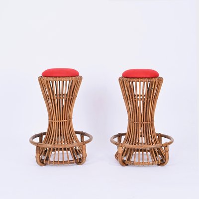 Vintage Italian Rattan and Bamboo Bar Stools by Tito Agnoli, 1950s, Set of 2-JDR-1723559