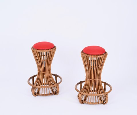 Vintage Italian Rattan and Bamboo Bar Stools by Tito Agnoli, 1950s, Set of 2-JDR-1723559