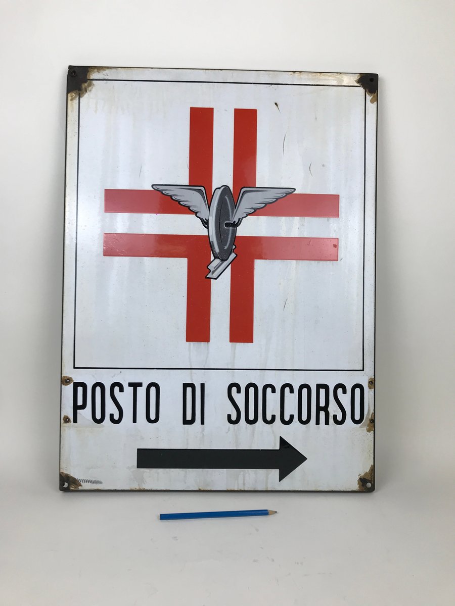 Vintage Italian Rectangular Metal Enamel Railway Emergency Care Sign, 1950s