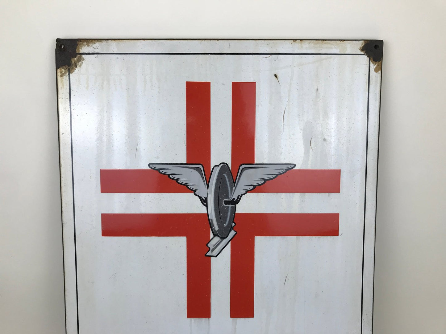 Vintage Italian Rectangular Metal Enamel Railway Emergency Care Sign, 1950s