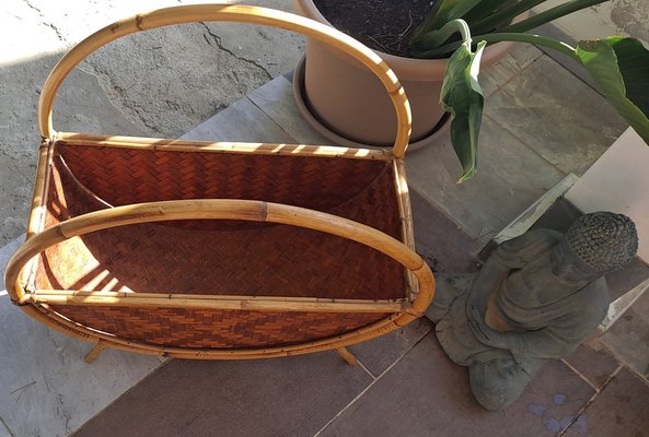 Vintage Italian Round Rattan Magazine Holder, 1970s-HIT-1384531