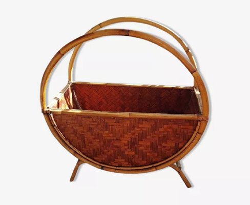 Vintage Italian Round Rattan Magazine Holder, 1970s-HIT-1384531