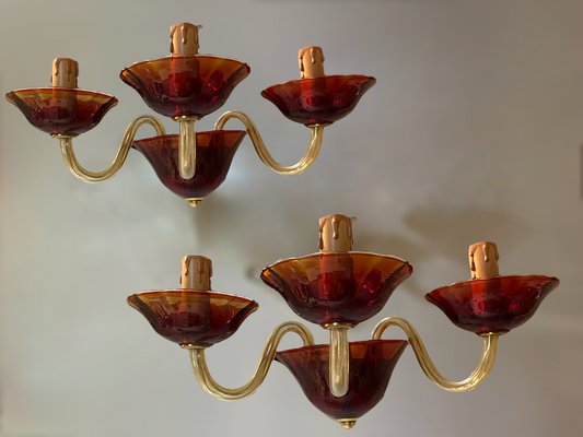 Vintage Italian Ruby Red Murano Glass Sconces from Made Murano Glass, Set of 2-JJC-1318889