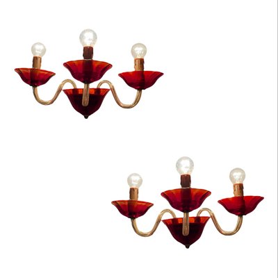 Vintage Italian Ruby Red Murano Glass Sconces from Made Murano Glass, Set of 2-JJC-1318889