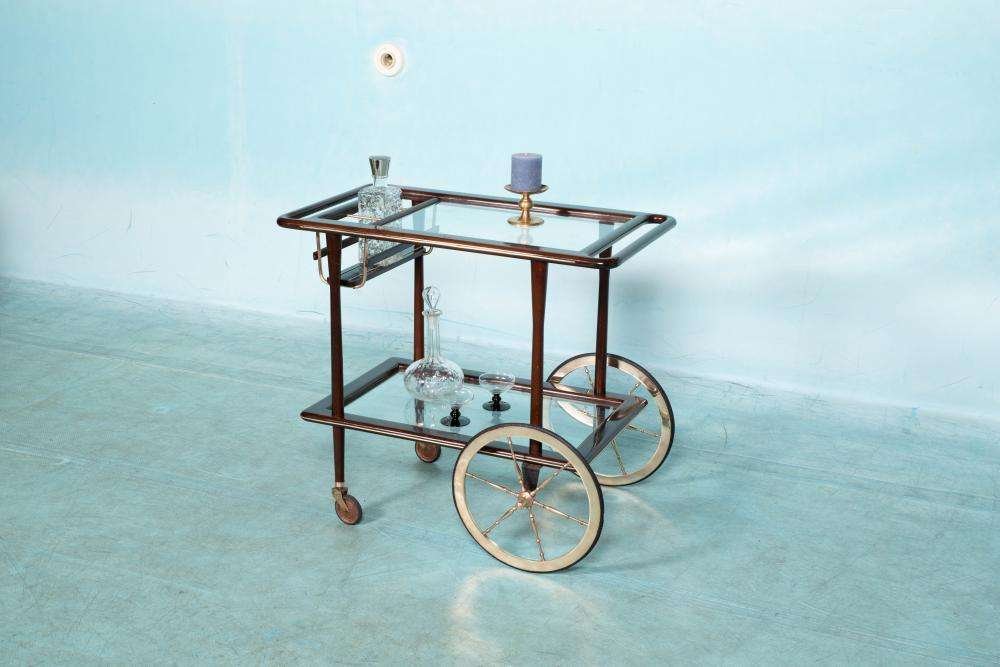 Vintage Italian Serving Trolley in Walnut and Glass by Cesare Lacca, 1950s