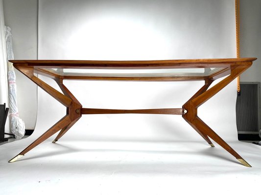 Vintage Italian Table in Wood and Brass by Turin School, 1950s-KKZ-1814345