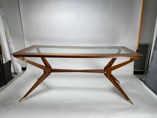 Vintage Italian Table in Wood and Brass by Turin School, 1950s-KKZ-1814345