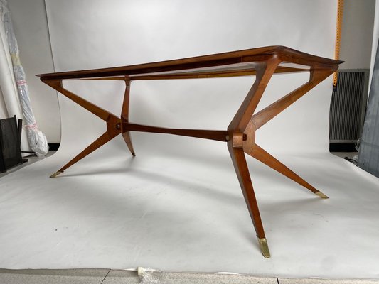 Vintage Italian Table in Wood and Brass by Turin School, 1950s-KKZ-1814345