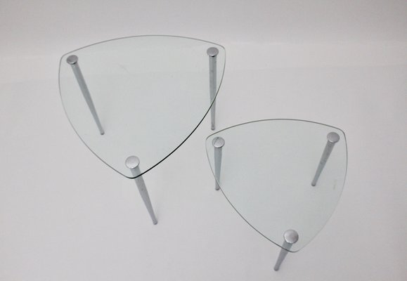 Vintage Italian Tri-Legged Chrome and Glass Side Tables, 1960s, Set of 2-NB-770446