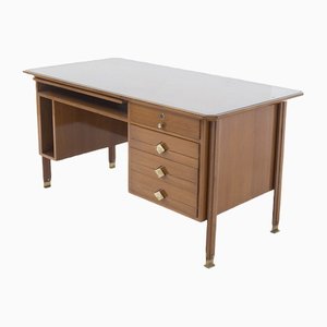 Vintage Italian Walnut Wood Brass and Glass Desk-RCE-1338330