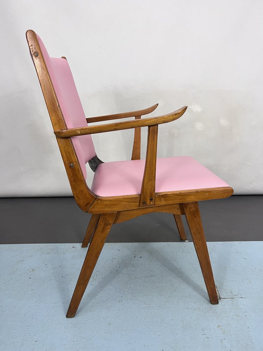 Vintage Italian Wood Accent Chair in Pink Leatherette, Italy, 1950s