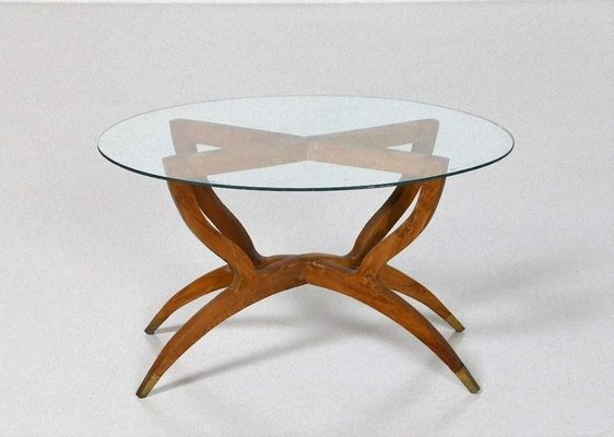 Vintage Italian Wood, Brass & Crystal Coffee Table, 1950s-ZCI-752318