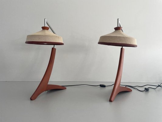 Vintage Italian Wooden and Woven Thread Shade Table Lamps, 1960s, Set of 2-RDS-1722837