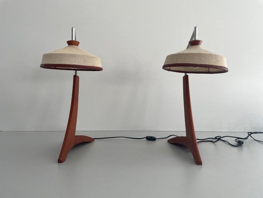 Vintage Italian Wooden and Woven Thread Shade Table Lamps, 1960s, Set of 2-RDS-1722837