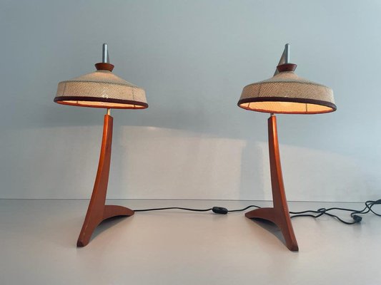 Vintage Italian Wooden and Woven Thread Shade Table Lamps, 1960s, Set of 2-RDS-1722837