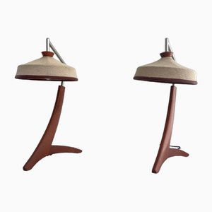 Vintage Italian Wooden and Woven Thread Shade Table Lamps, 1960s, Set of 2-RDS-1722837