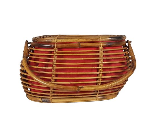 Vintage Italian Wool and Rattan Basket, 1960s-RD-1820651