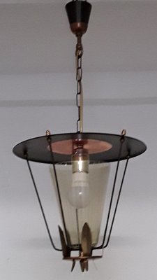 Vintage Lantern Ceiling Lamp in Black Lacquered Iron with Brass and Copper Trim & Open Conical Shade in Tinted Glass, 1960s-HOI-1034801