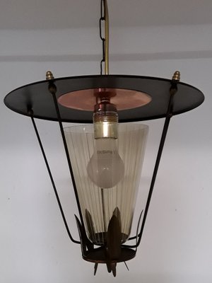 Vintage Lantern Ceiling Lamp in Black Lacquered Iron with Brass and Copper Trim & Open Conical Shade in Tinted Glass, 1960s-HOI-1034801