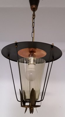 Vintage Lantern Ceiling Lamp in Black Lacquered Iron with Brass and Copper Trim & Open Conical Shade in Tinted Glass, 1960s-HOI-1034801