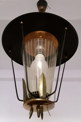 Vintage Lantern Ceiling Lamp in Black Lacquered Iron with Brass and Copper Trim & Open Conical Shade in Tinted Glass, 1960s-HOI-1034801